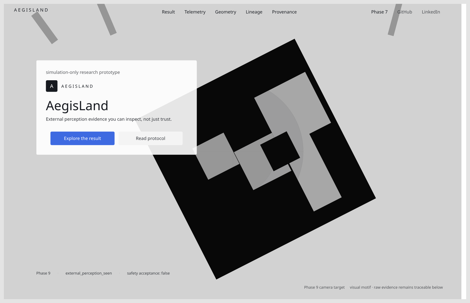 AegisLand cockpit homepage with simulation-only prototype card and safety acceptance false